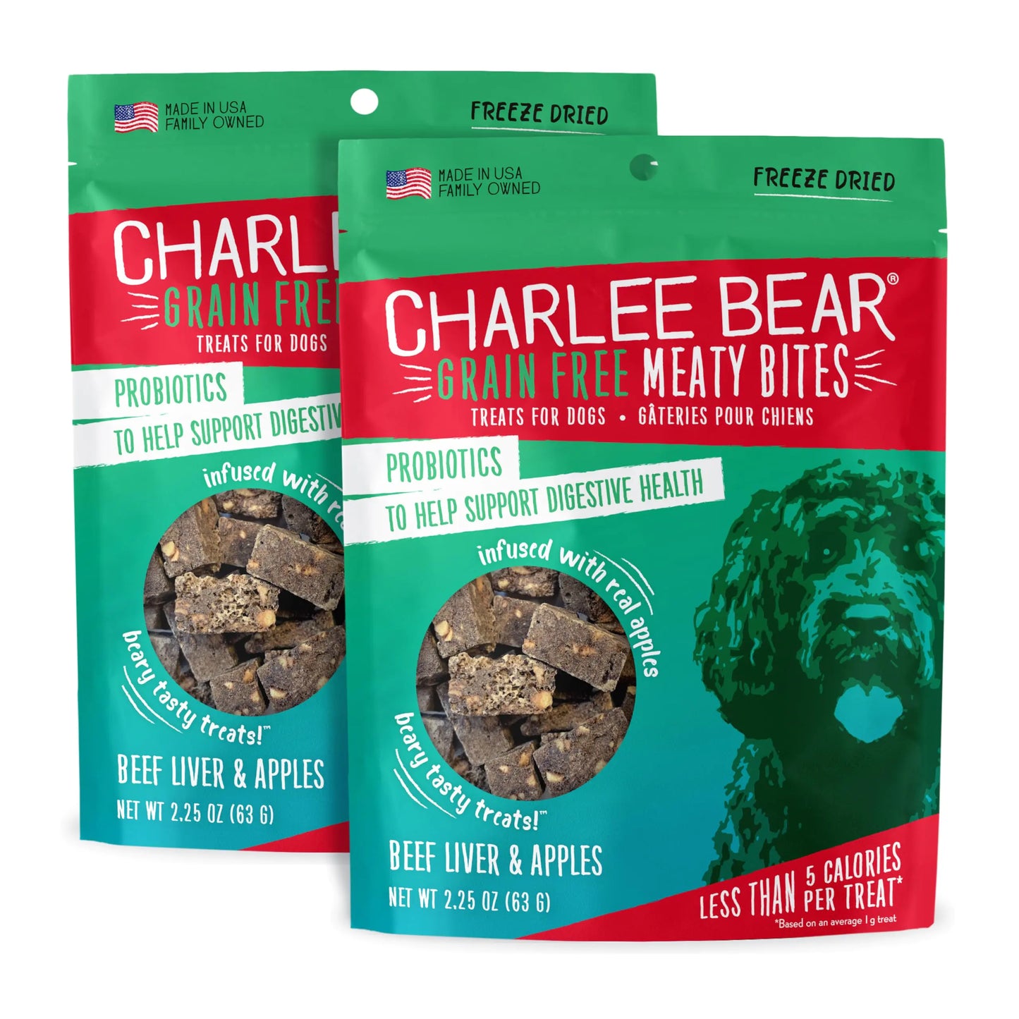 Charlee Bear Grain Free Meaty Bites Freeze Dried Dog Treats with Probiotics Puppy Training Treats Soft Dog Treats Beef Liver with Apple 2.5 oz Bags (2) Made USA