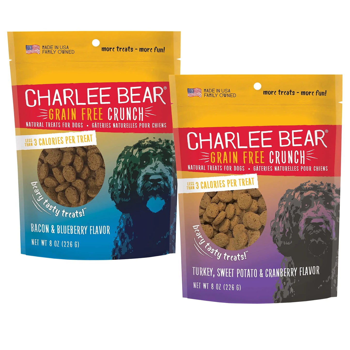 Charlee Bear Dogs Training Treat Crunchy Low Calorie Grain Free Dog Treats Made in USA Best for Small and Medium Breeds Bacon Blueberry & Turkey Sweet Potato Cranberry 2 Pack 8oz Each